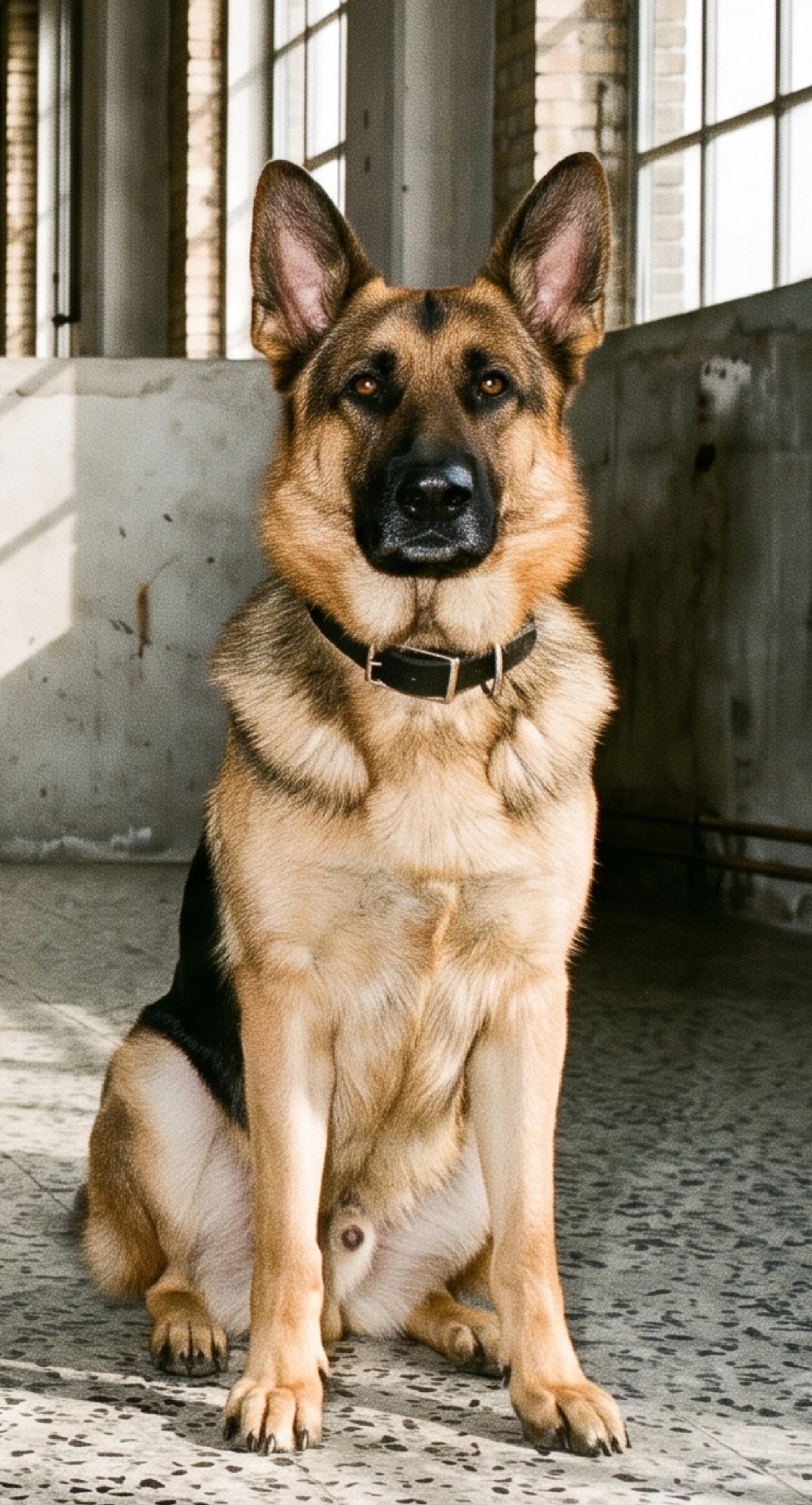Schæferhund sidder ved vinduerne i en industrihal