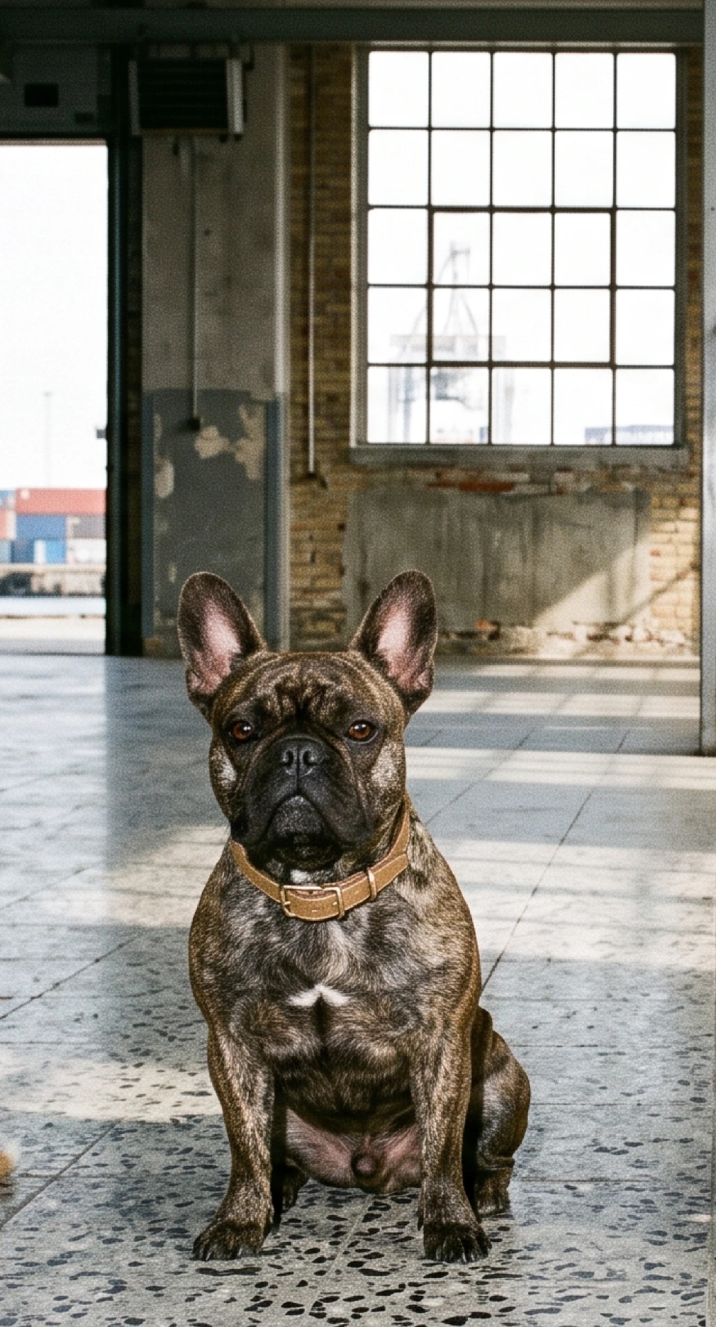 Fransk bulldog sidder i en industrihal